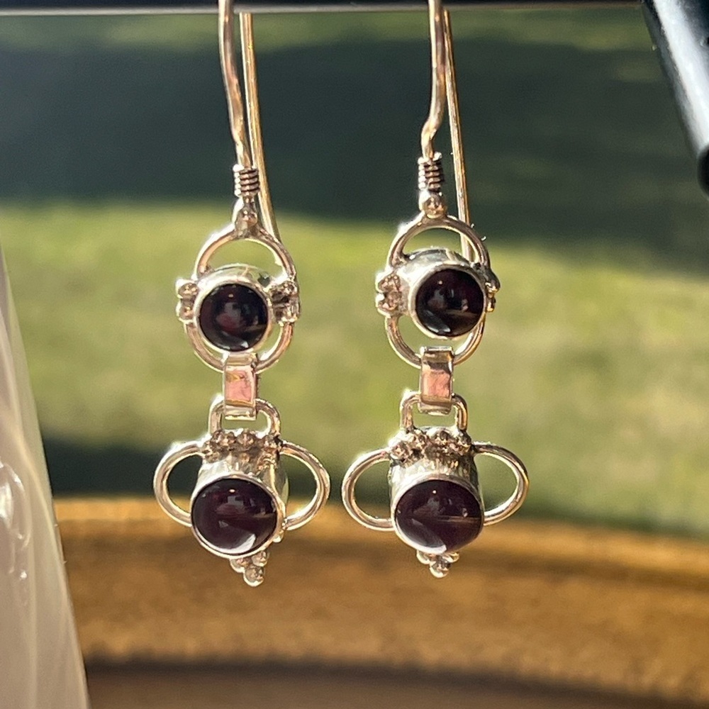 Red Cabochon Drop Earrings Vintage Sterling Silver 925